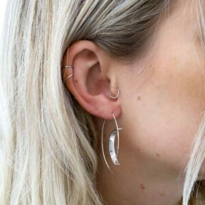 Blonde Model Wearing Sterling Silver Reverse Shield Threader Earrings