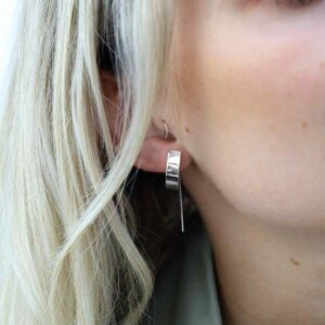 Blonde Model Wearing Sterling Silver Shield Threader Earrings