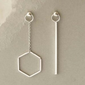 silver hanging hexagon and bar earrings hanging