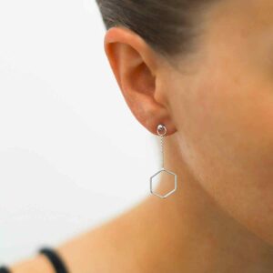 silver hanging hexagon and bar earrings on model