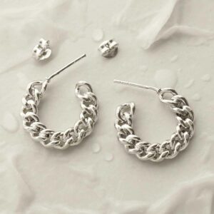 silver solid curb chain hoop stud earrings laid