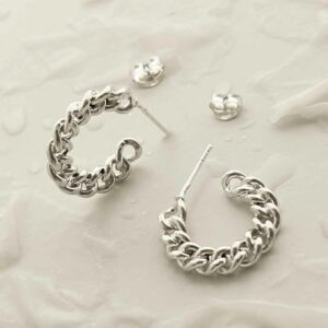 silver solid curb chain hoop stud earrings front and side