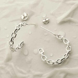 silver solid chain hoop stud earrings front and side view