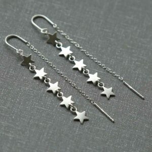 silver five stars dangling on chain threader earrings