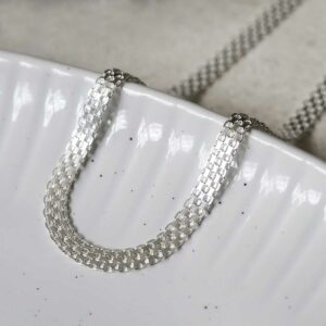 silver interlocked links slinky necklace hung over plate edge