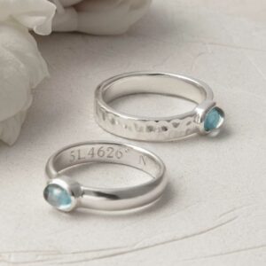 silver hammered and polished blue topaz rings