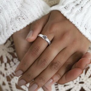 Sterling Silver labradorite Secret Message Ring on model in white jumper