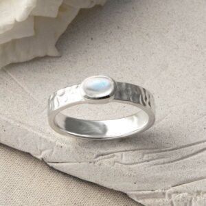 silver hammered moonstone ring upright