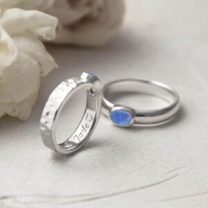 Opalite ring in hammered and polished with engraving