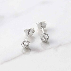 silver 3d polygonal studs with cubic zirconia gemstone in centre