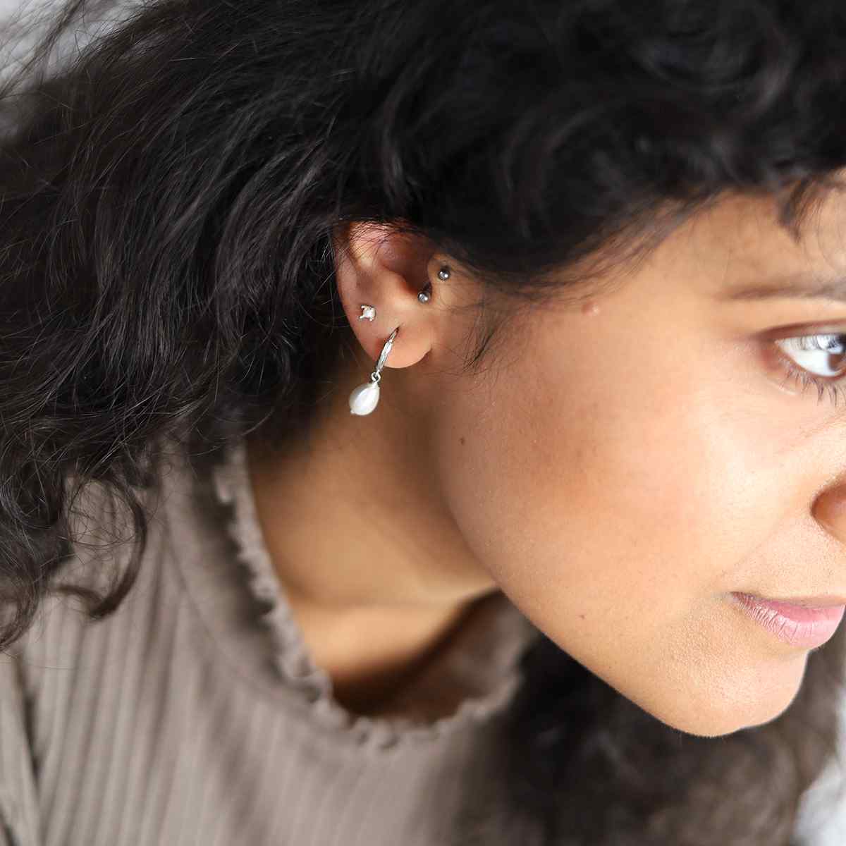 Sterling Silver Petite Pearl Huggie Earring