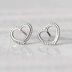 Sterling Silver Beaded Heart Stud Earrings on ceramic background