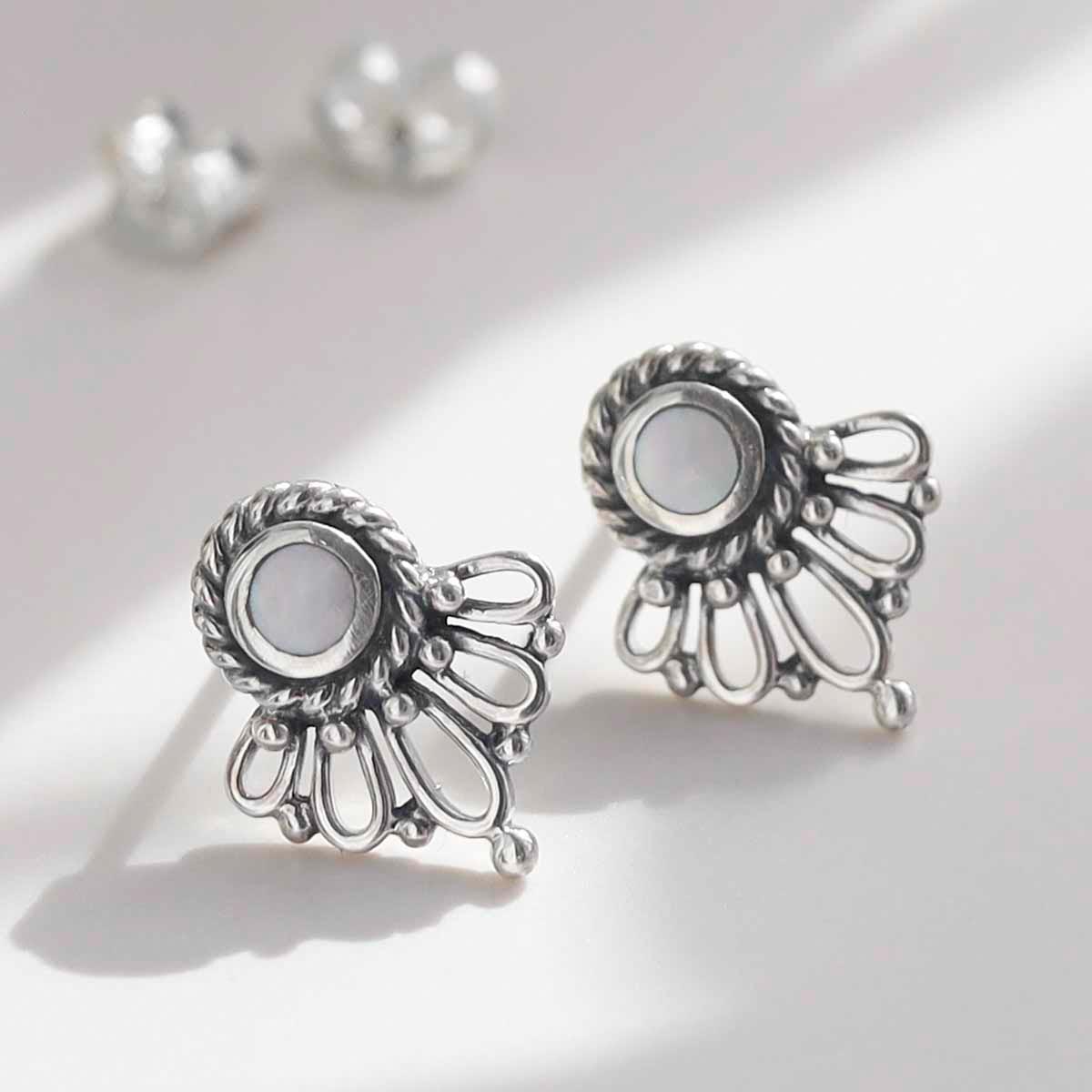 Sterling Silver Ornate Mother of Pearl Stud Earrings