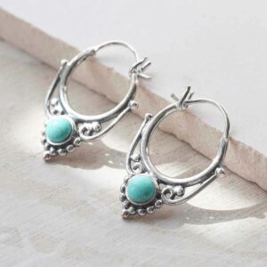 sterling silver turquoise drop hoop earrings ceramic and paint background