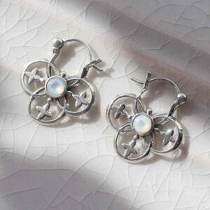 Sterling Silver Mother Of Pearl Royal Hoop Earrings on ceramic background