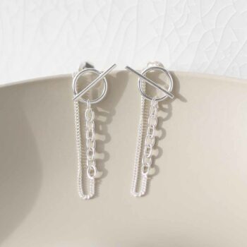 ML803 Sterling Silver Circle and Bar Chain Stud Earrings 4