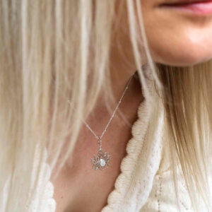 Model wearing Mother of Pearl Lotus Pendant Necklace on with satellite chain