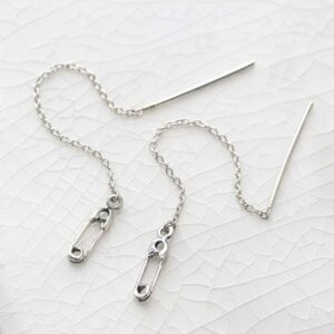 Sterling Silver Safety Pin Threader Earrings on ceramic background