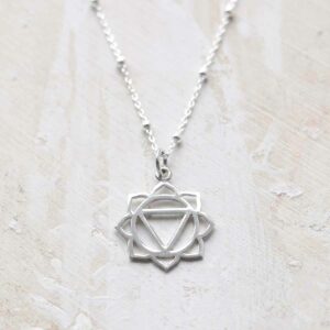 Sterling Silver Large Solar Plexus Chakra Pendant Necklace on ceramic and paint background