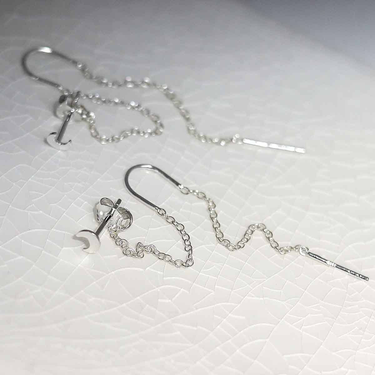 Sterling Silver Moon Threader and Chain Studs | Affordable - Martha Jackson
