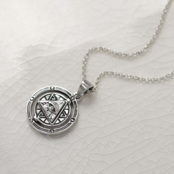 Product photo of sterling silver puzzle pendant on plain background