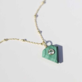 Sterling Silver Gold Plated Malachite and Blue Topaz Stone Set Gem Necklace on satellite chain