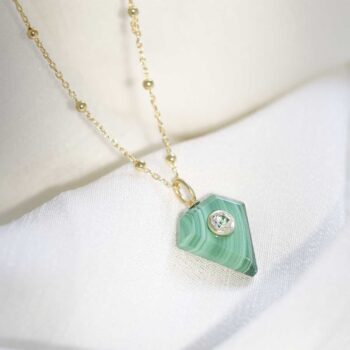 Sterling Silver Gold Plated Malachite and Blue Topaz Stone Set Gem Necklace on satellite chain