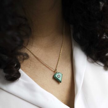 Sterling Silver Gold Plated Malachite and Blue Topaz Stone Set Gem Necklace with trace chain on model