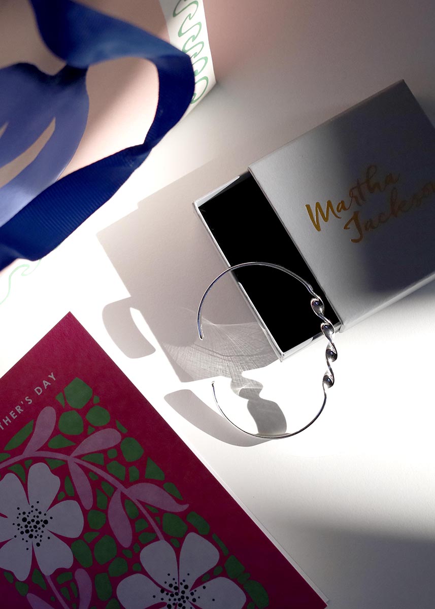 Silver bangle and Martha Jackson box with mothers day gift wrap and card