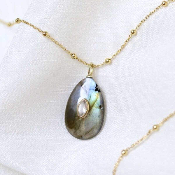 Sterling Silver Gold Plated Small Teardrop Labradorite Set Gem Necklace on satellite chain