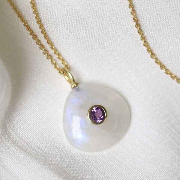 Sterling Silver Gold Plated Moonstone and Amethyst Pear Stone Set Gem Necklace on trace chain