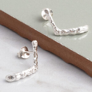 Sterling Silver Molten Studs on a green title background.