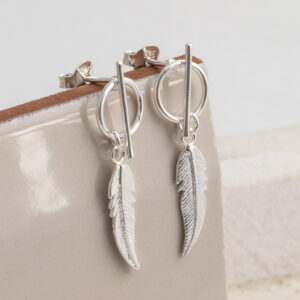 Sterling Silver Bar and Feather Studs on a cream title background.