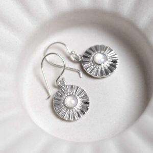Sterling Silver Mother Of Pearl Sun Disc Dangly Earrings in disk dish