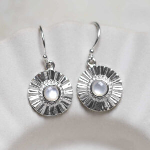 Sterling Silver Mother Of Pearl Sun Disc Dangly Earrings in disk dish