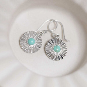 Sterling Silver Turquoise Sun Disc Dangly Earrings in disc dish