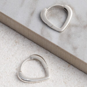 Sterling silver pear-shaped hoop earrings with a smooth, polished finish, displayed on a grey tile background.