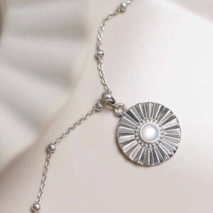 Sterling Silver Mother Of Pearl Sun Disc Necklace on satellite chain