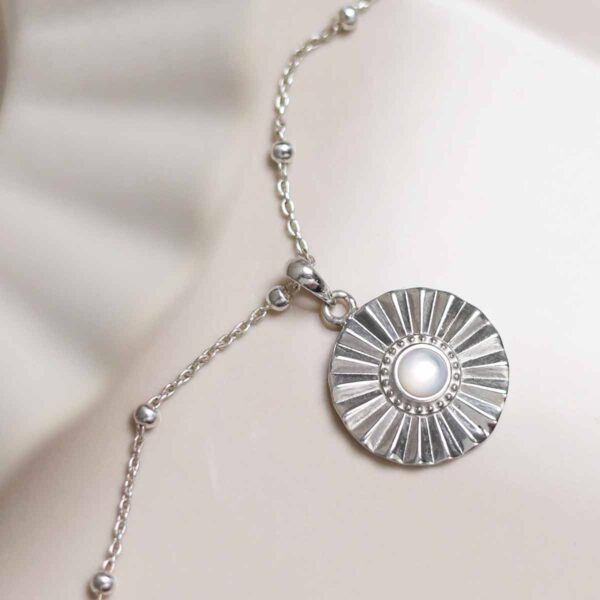 Sterling Silver Mother Of Pearl Sun Disc Necklace on satellite chain