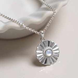 Sterling Silver Mother Of Pearl Sun Disc Necklace on belcher chain