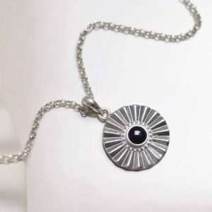 Sterling Silver Onyx Sun Disc Necklace on belcher chain