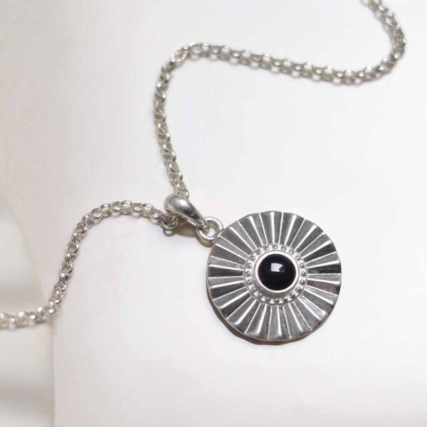 Sterling Silver Onyx Sun Disc Necklace on belcher chain