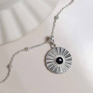 Sterling Silver Onyx Sun Disc Necklace on satellite chain