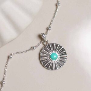 Sterling Silver Turquoise Sun Disc Necklace on satellite chain
