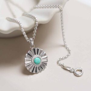 Sterling Silver Turquoise Sun Disc Necklace on belcher chain