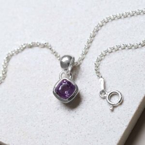 Sterling Silver Amethyst Birthstone Necklace on a tile