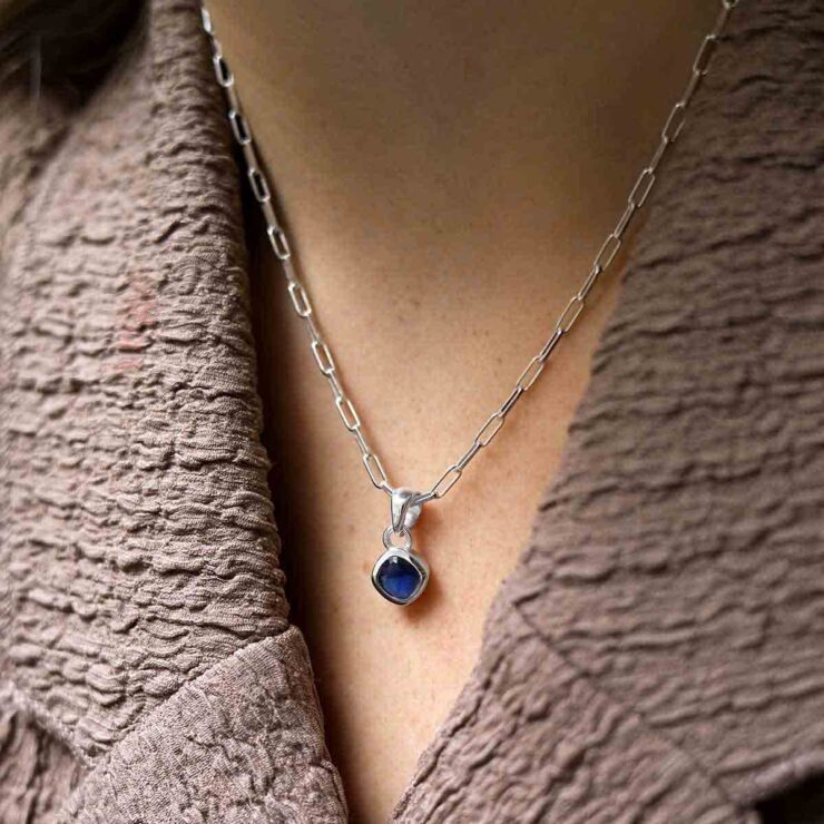 Sterling Silver Iolite Birthstone Fine Paperclip Necklace on model