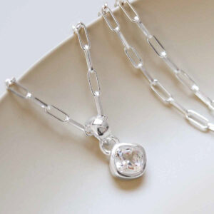 Sterling Silver Clear Quartz Birthstone Fine Paperclip Necklace