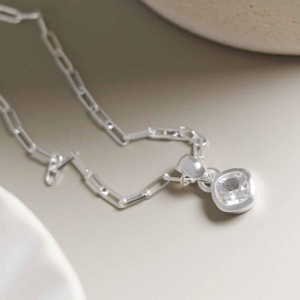 Sterling Silver Clear Quartz Birthstone Fine Paperclip Necklace