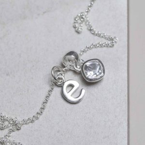Sterling Silver Clear Quartz Birthstone Necklace with add on letter charms